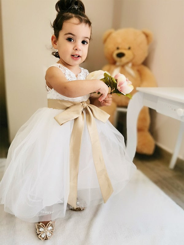 A-Line/Princess Tulle Sash/Ribbon/Belt Scoop Sleeveless Knee-Length Flower Girl Dresses TPP0007546