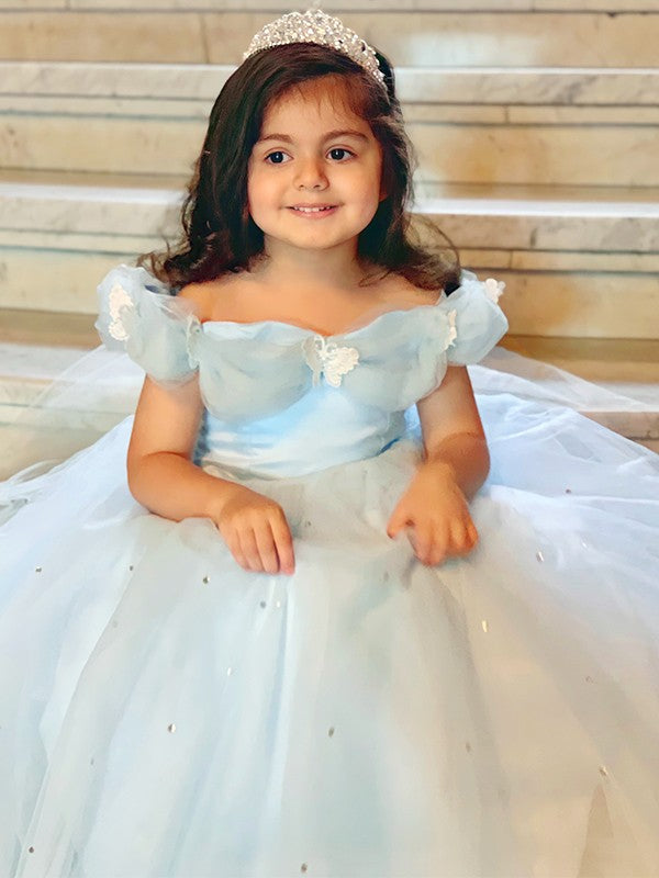 Ball Gown Tulle Rhinestone Off-the-Shoulder Sleeveless Floor-Length Flower Girl Dresses TPP0007466