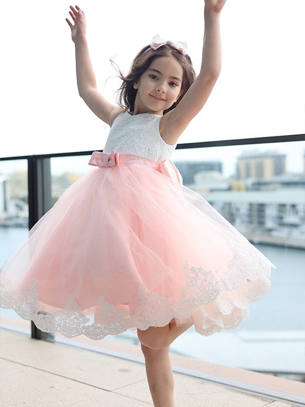 A-Line/Princess Lace Bowknot Scoop Sleeveless Short/Mini Flower Girl Dresses TPP0007459