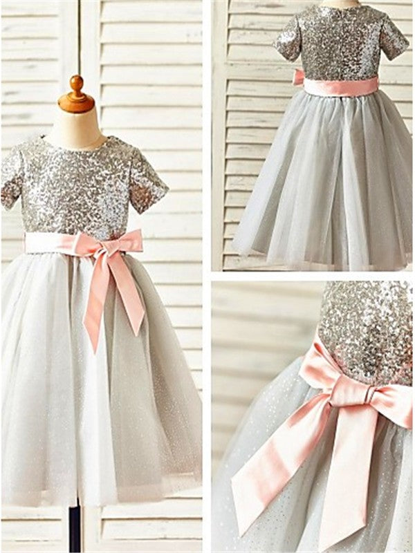 A-line/Princess Scoop Short Sleeves Sequin Tea-Length Tulle Flower Girl Dresses TPP0007726