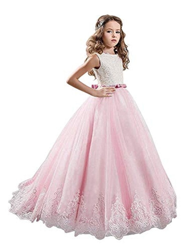 Ball Gown Jewel Sleeveless Lace Sweep/Brush Train Tulle Flower Girl Dresses TPP0007536