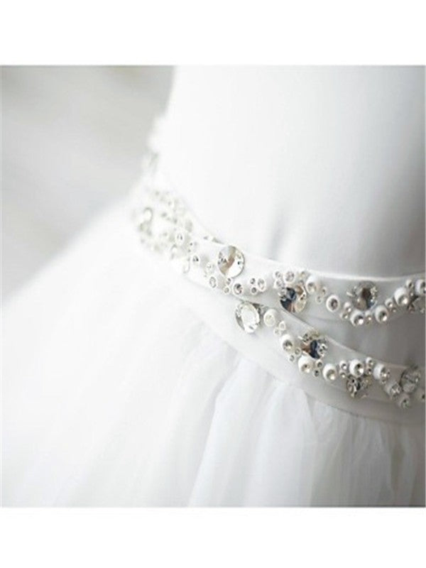 A-line/Princess Spaghetti Straps Sleeveless Beading Sweep/Brush Train Tulle Flower Girl Dresses TPP0007560