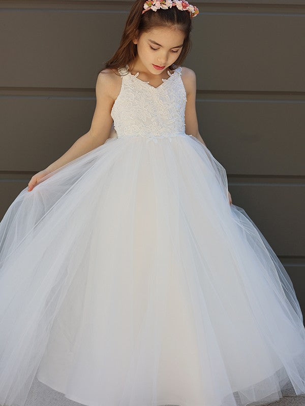 A-Line/Princess Tulle Bowknot Sweetheart Sleeveless Floor-Length Flower Girl Dresses TPP0007458