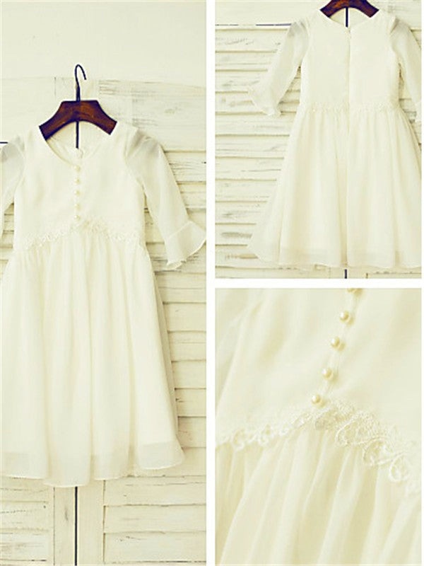 A-line/Princess Scoop Long Sleeves Ruffles Tea-Length Chiffon Flower Girl Dresses TPP0007835