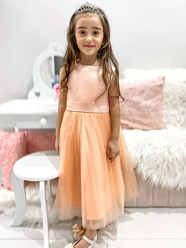 A-Line/Princess Tulle Bowknot Scoop Sleeveless Tea-Length Flower Girl Dresses TPP0007500