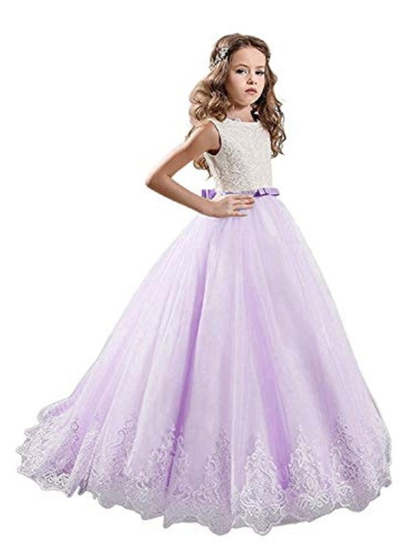 Ball Gown Jewel Sleeveless Lace Sweep/Brush Train Tulle Flower Girl Dresses TPP0007536