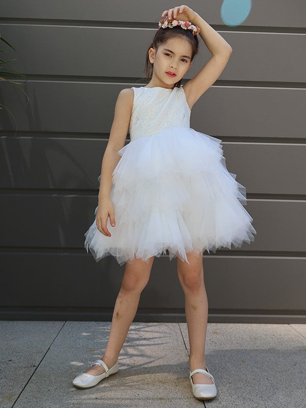 A-Line/Princess Tulle Lace Scoop Sleeveless Short/Mini Flower Girl Dresses TPP0007487