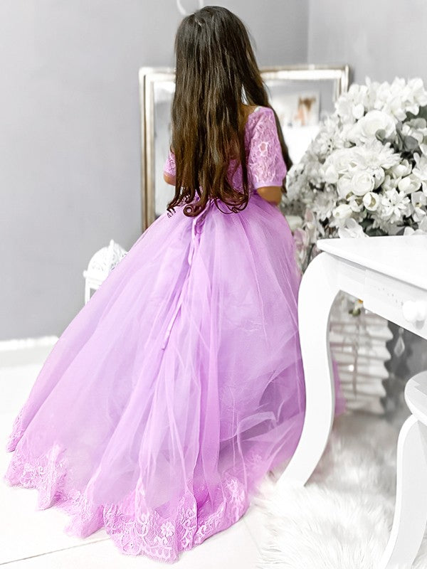 Ball Gown Tulle Lace Off-the-Shoulder 1/2 Sleeves Sweep/Brush Train Flower Girl Dresses TPP0007476