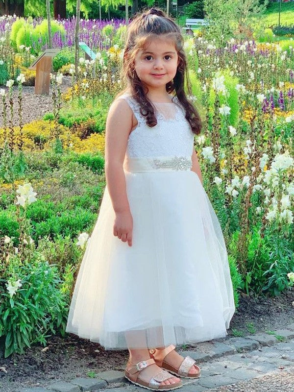 A-Line/Princess Tulle Lace Scoop Sleeveless Tea-Length Flower Girl Dresses TPP0007477