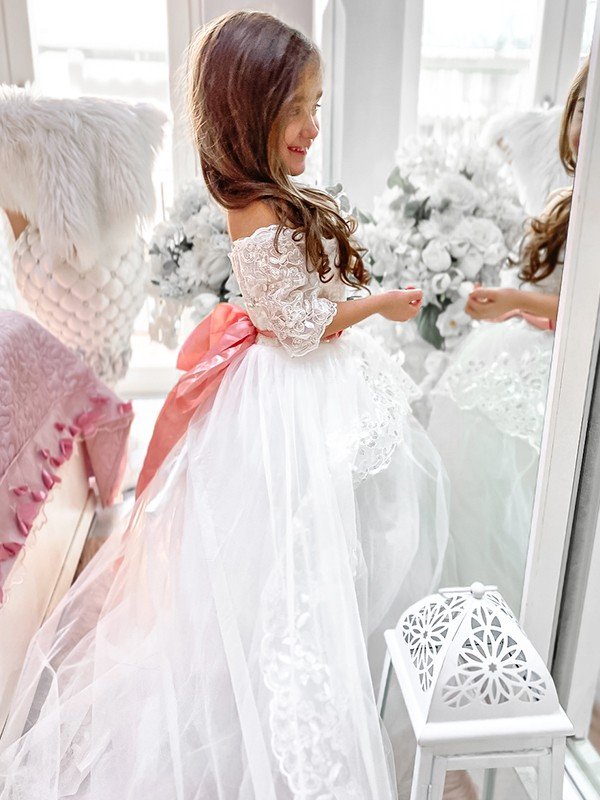 A-Line/Princess Tulle Sash/Ribbon/Belt Off-the-Shoulder 1/2 Sleeves Sweep/Brush Train Flower Girl Dresses TPP0007481