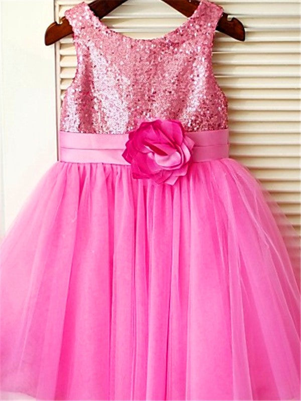 A-line/Princess Scoop Sleeveless Sequin Tea-Length Tulle Flower Girl Dresses TPP0007722