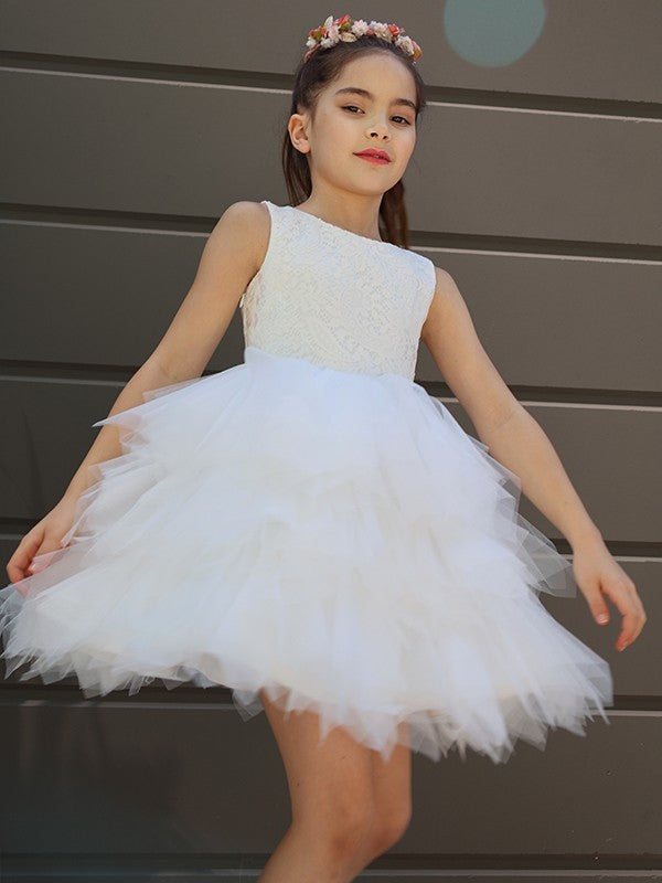 A-Line/Princess Tulle Lace Scoop Sleeveless Short/Mini Flower Girl Dresses TPP0007487