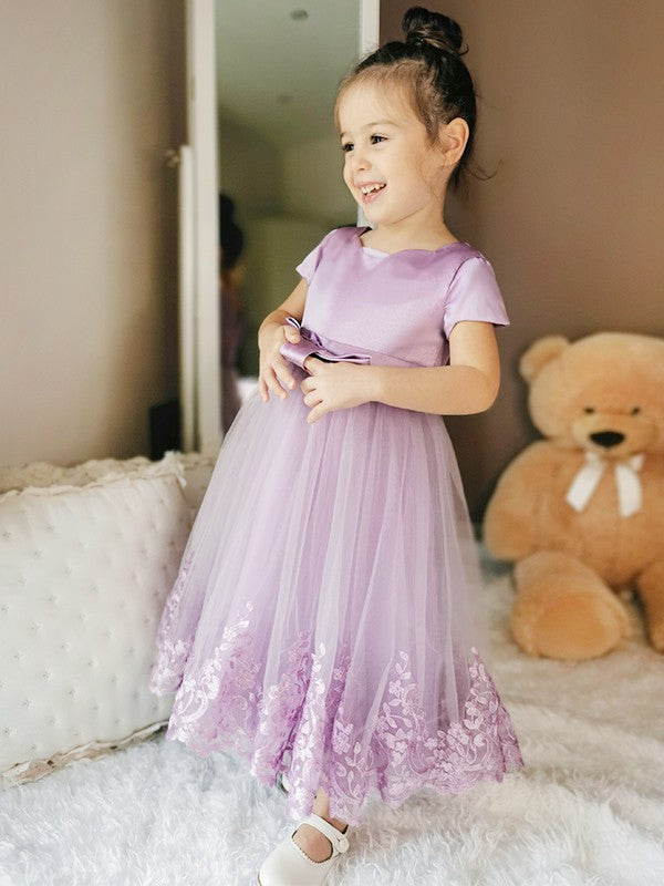 A-Line/Princess Tulle Lace Scoop Short Sleeves Ankle-Length Flower Girl Dresses TPP0007467