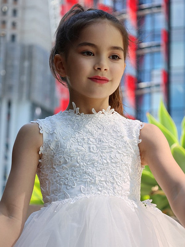 A-Line/Princess Tulle Lace High Neck Sleeveless Knee-Length Flower Girl Dresses TPP0007488