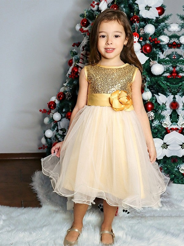 A-Line/Princess Organza Sequin Scoop Sleeveless Tea-Length Flower Girl Dresses TPP0007551