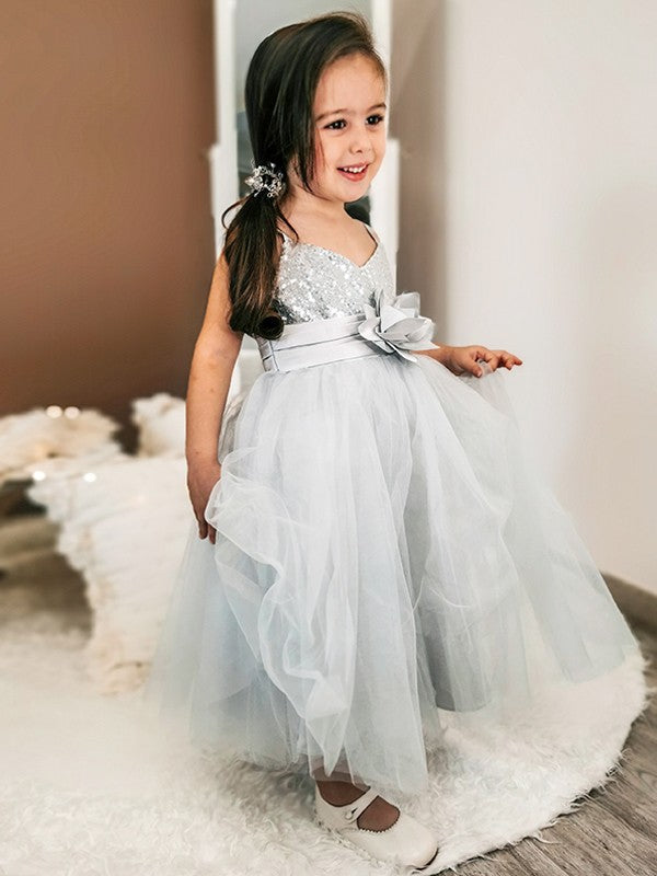 A-Line/Princess Tulle Sequin Spaghetti Straps Sleeveless Tea-Length Flower Girl Dresses TPP0007485