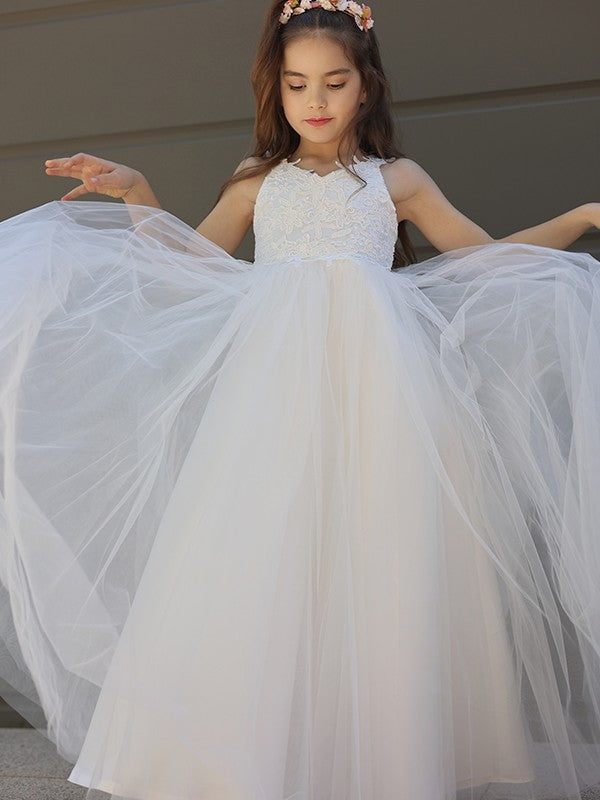 A-Line/Princess Tulle Bowknot Sweetheart Sleeveless Floor-Length Flower Girl Dresses TPP0007458