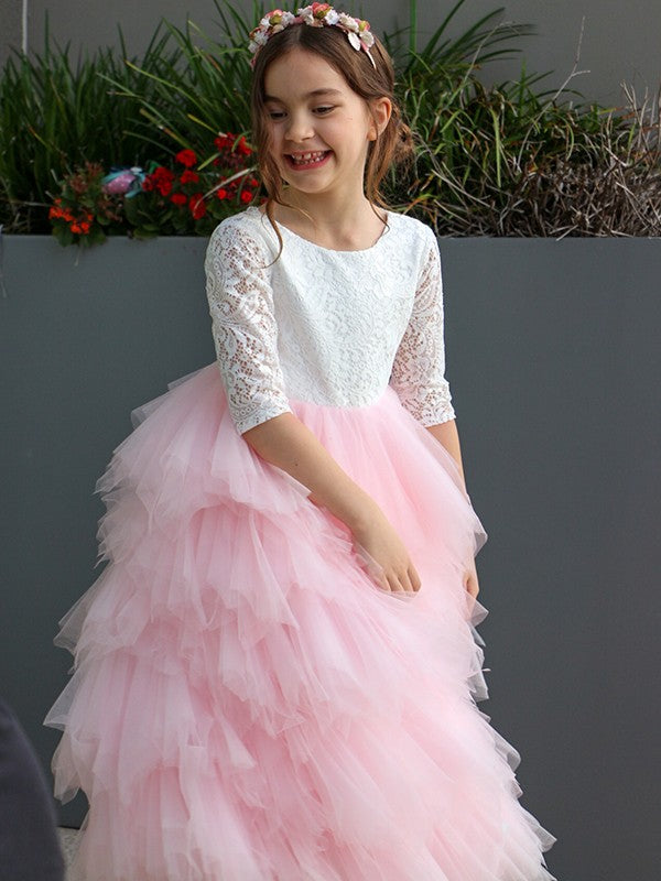 A-Line/Princess Tulle Lace Scoop 3/4 Sleeves Ankle-Length Flower Girl Dresses TPP0007497