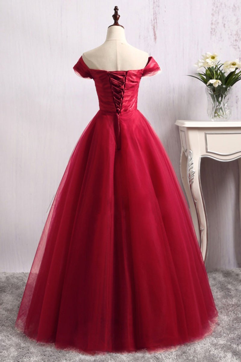 A Line Long Red Tulle Off the Shoulder Lace up Bowknot Floor Length Prom Dresses